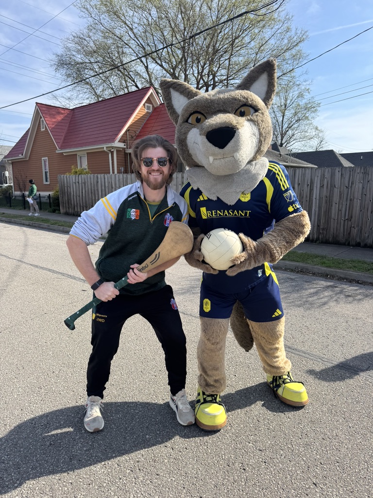 Jared DeValk with the Nashville SC mascot
